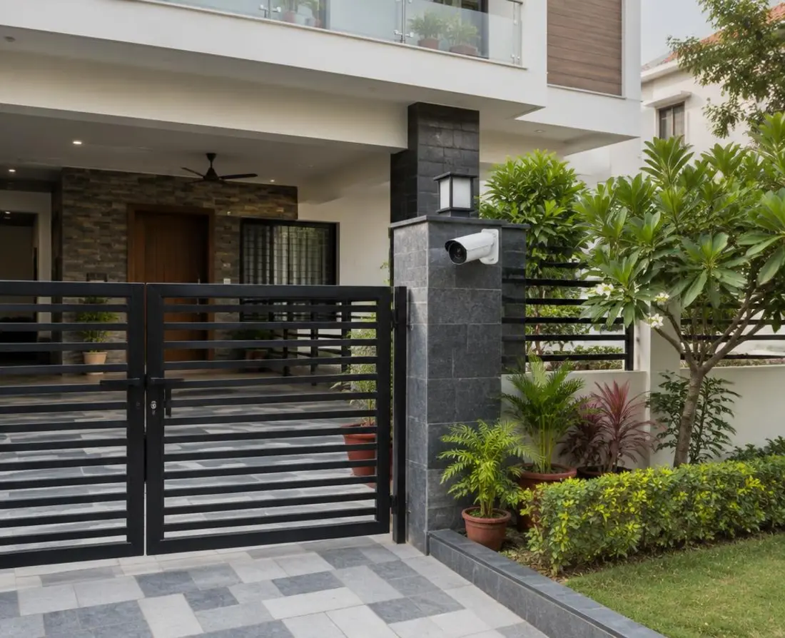 Home gate with a bullet CCTV camera on the pillar